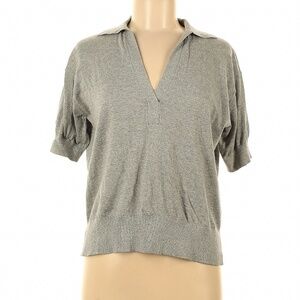 White + Warren Cotton Cashmere Collared Knit Short Sleeve Top Gray XS
